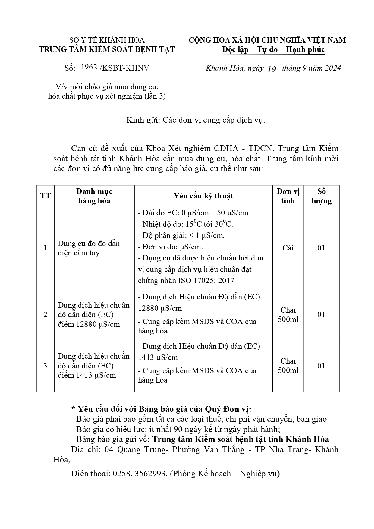 V/v mời chào giá mua dụng cụ, hóa chất phục vụ xét nghiệm (lần 3)